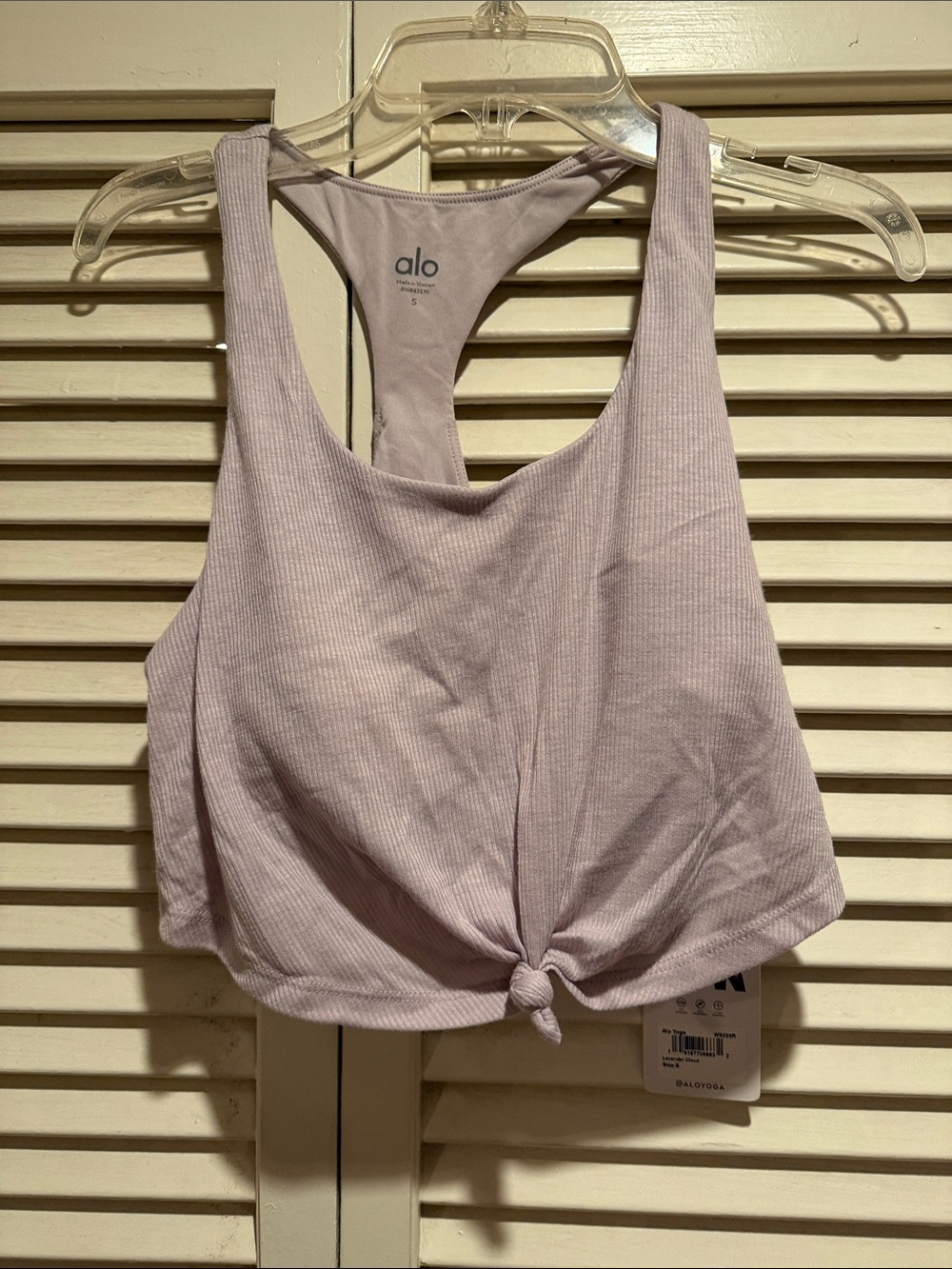 ALO Yoga Lavender Cloud Ribbed Knot-Front Racerback Tank Bra